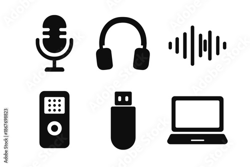 Oral History Icons. Solid style icons of resource efficiency tracking: bar graph, pie chart, water meter, fertilizer bag, solar