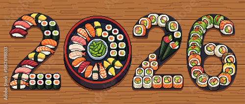 Pixel art sushi and maki rolls forming the number 2026 with a platter of nigiri and edamame, a creative food illustration in a retro 8-bit style on a wooden tabletop