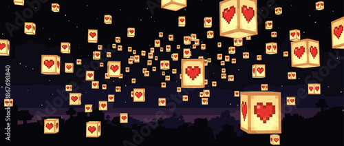 Glowing cubic paper lanterns with pixelated red hearts float up into a starry night sky, creating a romantic and magical scene from a retro video game