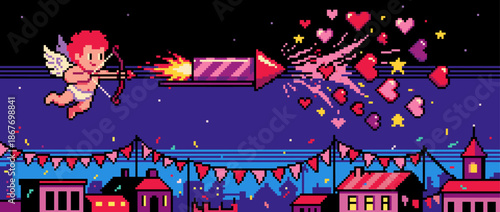 Pixel art cupid with a bow shoots a large firework rocket that explodes into a shower of colorful hearts and stars over a festive town at night in a retro video game style