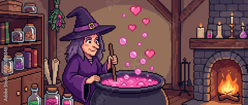 Charming pixel art witch in purple smiles while stirring a bubbling pink love potion in a large black cauldron inside her cozy, magical workshop