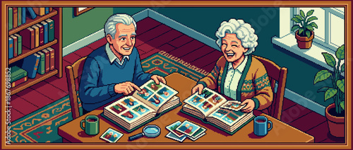 Happy elderly couple looking at photo albums together, a charming pixel art illustration of seniors smiling and reminiscing about past memories in their cozy home