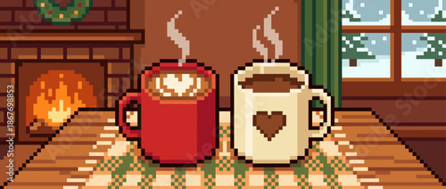 Two charming pixel art mugs of steaming hot chocolate with heart designs sit on a table in a cozy room with a fireplace for a warm winter holiday