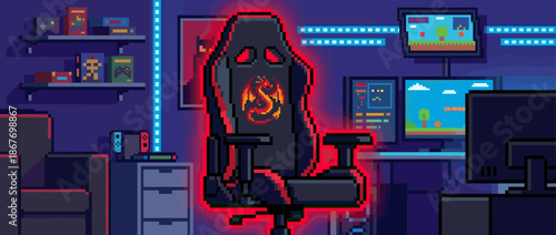 Black ergonomic gaming chair with a glowing red dragon logo is the centerpiece of a vibrant pixel art video game setup with multiple monitors and neon lights