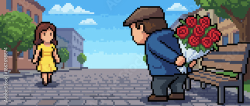 Pixel art scene of a man hiding a bouquet of red roses behind his back while waiting for a woman on a romantic date in a charming city park setting