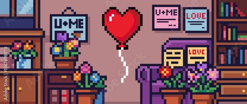 Pixel art illustration of a cozy room decorated for a romantic celebration with a heart balloon, flowers, and love messages in a retro video game style