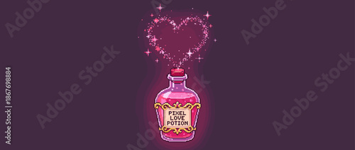 Pixel art love potion bottle with a golden label releases sparkling pink vapor that forms a magical heart shape in a whimsical, retro video game style illustration