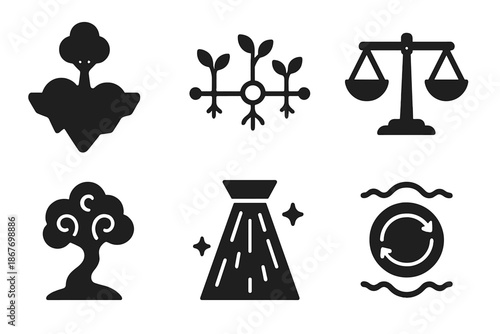 Imaginative Ecosystem Balance. Solid style icons of imagination ecosystem balancing: floating island, connected plants, scale,