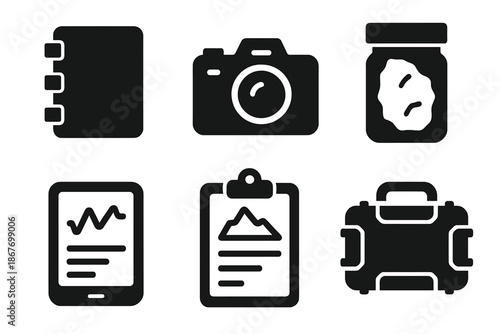 Survival Documentation Icons. Solid style icons of extreme survival documentation: notebook, camera, sample jar, clipboard, data