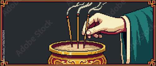 Hand in a green robe places burning incense sticks into an ornate golden censer in a retro pixel art style, showing a traditional spiritual ceremony with rising smoke