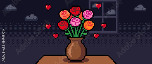 Pixel art bouquet of colorful roses in a brown vase on a table, surrounded by floating red hearts in a romantic, nostalgic 8-bit video game style illustration at night