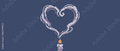 Pixel art candle with a flame creates beautiful heart-shaped smoke, symbolizing love and romance in a retro 8-bit video game style illustration with a calm, moody aesthetic