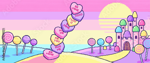 Whimsical 8-bit pixel art candy land featuring a fantasy castle, romantic conversation hearts, and sweet lollipops in a dreamy pastel video game aesthetic