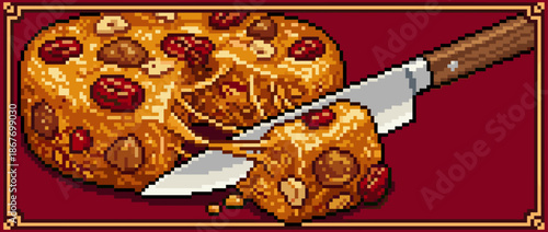 Pixel art illustration of a festive fruitcake being sliced with a knife, showcasing the rich texture of nuts and dried fruit in a retro 8-bit video game aesthetic