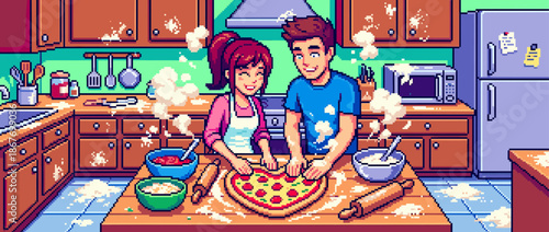 Happy pixel art couple joyfully making a messy heart-shaped pizza together in a cozy kitchen, captured in a vibrant 16-bit retro video game aesthetic