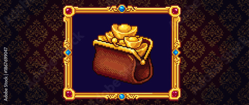 Pixel art brown pouch filled with golden ingots is displayed inside an ornate, jeweled frame, representing wealth and treasure in a retro video game aesthetic