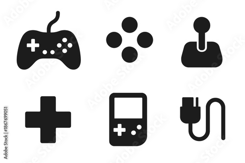 Game Controller Icons. Solid style icons of universal game controller design: gamepad, buttons, joystick, directional pad, screen,
