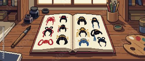 Detailed sketchbook filled with illustrations of ornate traditional hairpins lies open on a wooden desk surrounded by art supplies in a cozy, nostalgic pixel art scene