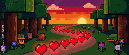 Path of glowing red pixel hearts winds through a fantasy forest with cute creatures during a vibrant sunset in a retro video game inspired landscape illustration