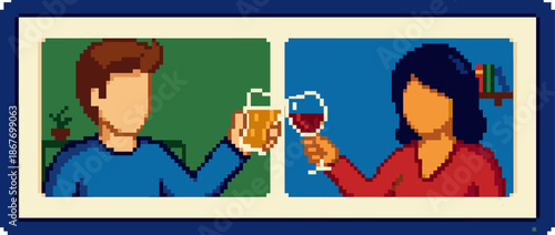 Pixel art illustration of a couple toasting with beer and wine during a virtual video call, representing a long-distance relationship or online dating in a retro 8-bit style