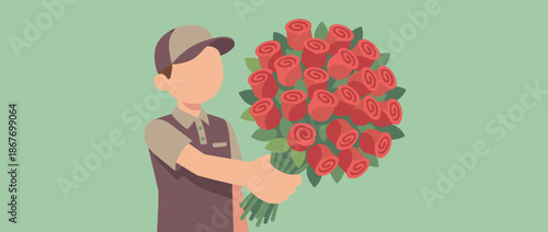 Courier in a professional uniform and cap extends his hand to deliver a large, beautiful bouquet of red roses for a romantic surprise or celebration