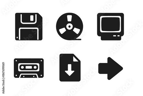 Retro Media Icons. Solid style icons of obsolete medium conversion: floppy disks, tape reels, vintage monitors, cassette icons,