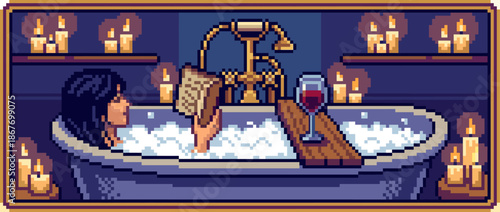 Pixel art illustration of a woman relaxing in a luxurious bubble bath with a glass of wine on a tray, surrounded by warm candlelight in a cozy, retro video game style