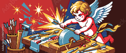 Mischievous pixel art cupid with wings diligently sharpens a love arrow on a spinning grindstone, with bright sparks flying in his colorful retro workshop