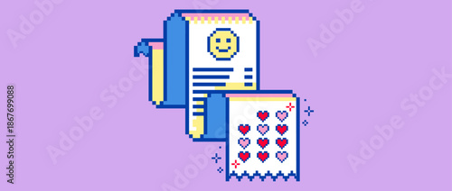 Pixel art illustration of a happy receipt and a heart loyalty card in a retro 8-bit video game style, symbolizing positive customer feedback, satisfaction, and good reviews