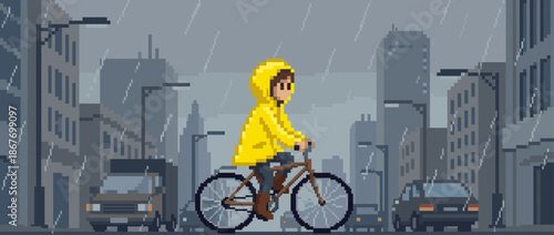 Pixel art person in a yellow raincoat rides a bicycle through a gloomy city street during a downpour, a retro 8-bit video game scene with traffic and skyscrapers