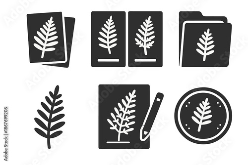 Ancient Fern Treasures. Solid style icons of ancient fern documentation: pressed leaves, herbarium sheets, archival folders, fern