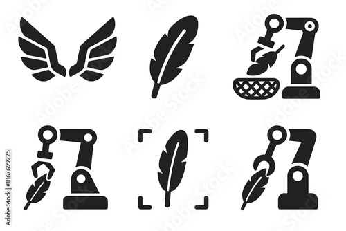 Robotic Feather Arrangers. Solid style icons of robotic feather arrangers: mechanical wings, feather icons, nest grids, placement
