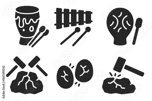Volcanic Rock Instruments. Solid style icons of volcanic rock instruments: lava drums, basalt xylophones, igneous percussion,
