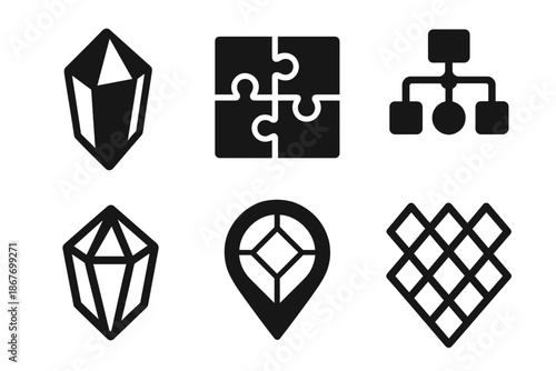 Crystalline Logic Icons. Solid style icons of crystalline logic systems: faceted shapes, puzzle panels, solution nodes, gem