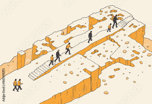 Illustration of Individuals Walking on an Elevated Pathway Over Cavernous Terrain Symbolizing Challenges and Progress in Personal or Professional Journeys