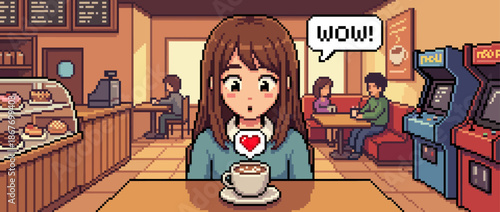 Pixel art anime style girl with brown hair looks surprised and delighted at a cup of coffee in a cozy retro cafe with arcade games, expressing her joy with a heart icon