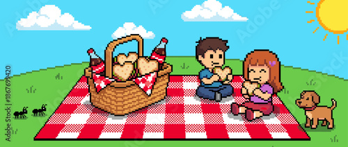 Pixel art illustration of two children having a picnic with their dog on a sunny day, eating heart-shaped sandwiches from a basket on a checkered blanket in a grassy field