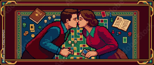 Pixel art couple kissing romantically over a tabletop board game with dice, cards, and pieces in a vintage, nostalgic 8-bit video game illustration style