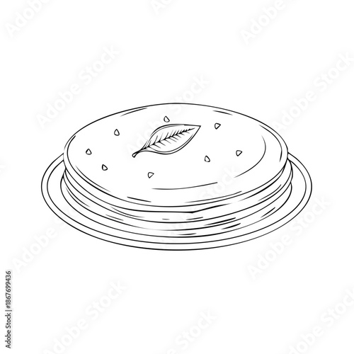 Hand Drawn Pancake Stack with Leaf on Plate Breakfast Food Illustration
