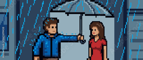 Pixel art illustration of a man holding an umbrella over a woman during a downpour, a caring and romantic scene depicted in a retro 8-bit video game aesthetic
