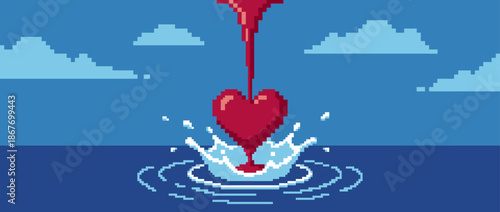 Red pixel art heart symbol splashes into blue water, creating ripples as a stream of liquid pours into it from above under a cloudy sky in a retro video game style