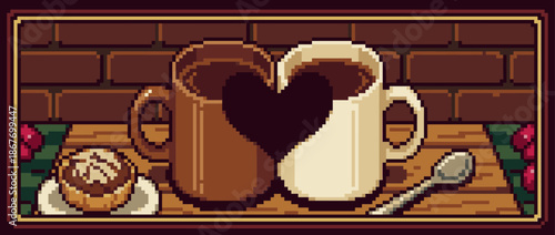 Two pixel art coffee mugs forming a heart shape sit on a wooden table with a pastry in a cozy, romantic cafe scene with a warm, nostalgic 8-bit video game aesthetic
