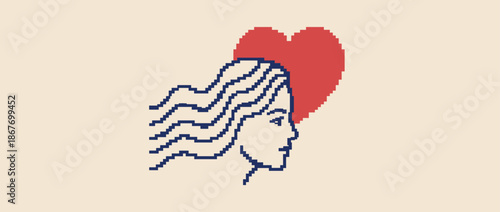 Pixel art drawing of a woman's face in profile with flowing hair and a red heart, a minimalist 8-bit graphic representing love, affection, and emotional wellness