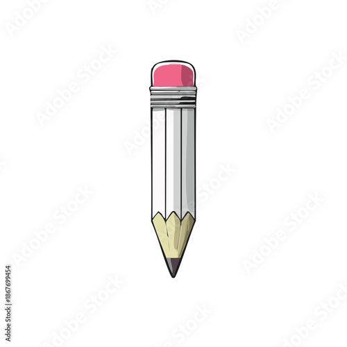 Short white pencil with pink eraser for writing or drawing. Tool for school, office, art, or education. Vector illustration.