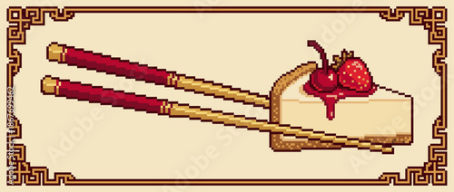 Pixel art slice of cheesecake with strawberry and cherry topping is held by red and gold chopsticks inside an ornate, decorative frame, creating a unique cultural fusion concept