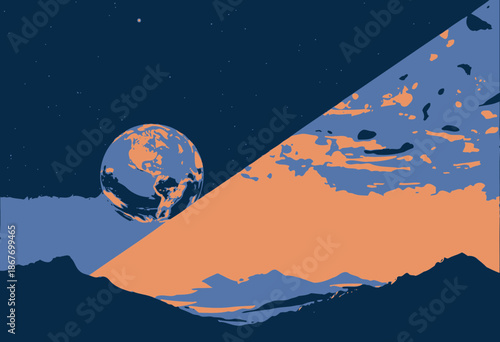 Stunning Artistic Contrast Between the Earth from Space and a Vibrant Sunset Over Majestic Mountain Ranges Under a Starry Sky