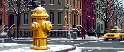 Yellow pixel art fire hydrant covered in snow stands on a city street corner with brownstone buildings and a taxi cab in a charming retro 8-bit video game style