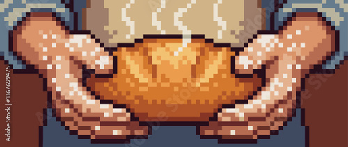 Flour-dusted hands holding a fresh warm loaf of bread in a charming pixel art style, with steam rising from the golden crust in a cozy, rustic baking scene