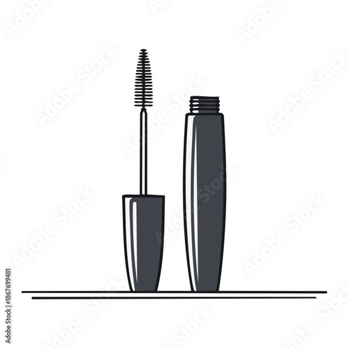 Mascara wand and container illustration for applying cosmetics to eyelashes and enhancing beauty for women, black and white vector.