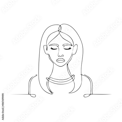 Woman Portrait Continuous Line Drawing. Minimalist Face with Long Hair. Elegant Female Figure.